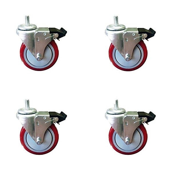 4" Total Lock Caster, Red Polyurethane Wheel, 1/2"-13 x1-1/2" Th, PK4